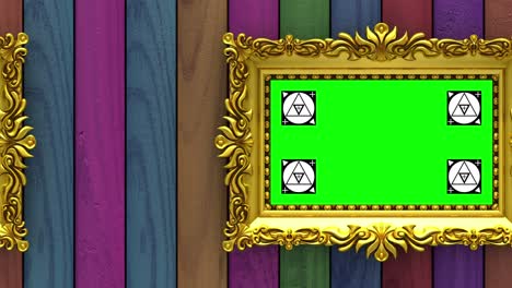 la cámara se mueve a lo largo de marcos de imágenes dorados sobre un fondo de madera de varios colores. animación 3d en bucle sin costuras. marcadores de seguimiento de movimiento y pantalla verde incluidos.