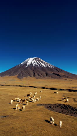 llamas grazing in a high-altitude plain with a snow-capped mountain