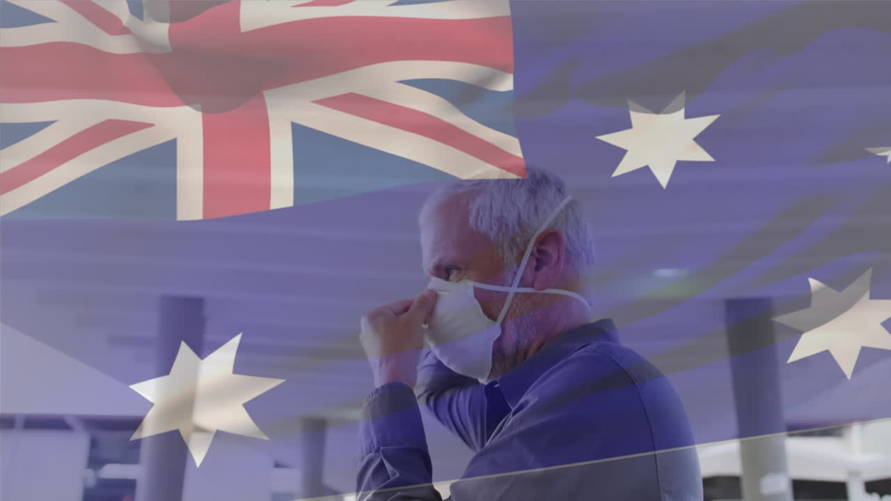 코로나 19 대유행 기간 동안 마스크를 쓴 남자가 호주 국기를 흔들고 있는 애니메이션