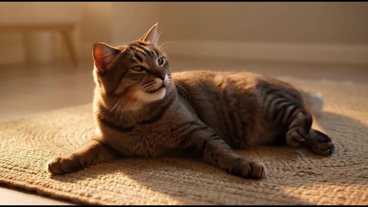 Tabby Cat Resting on a Woven Rug in Sunlight