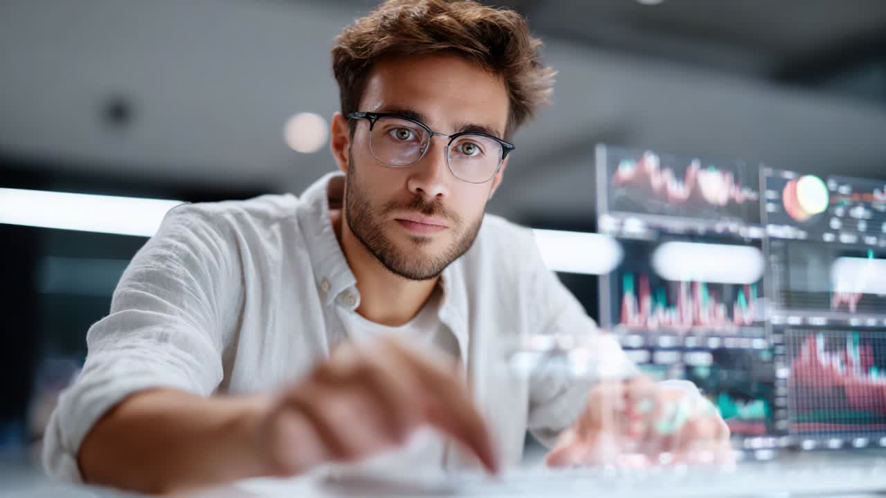 Focused Analyst Observing Data Trends While Engaged with Digital Interface, Revealing Insights and Patterns Through Advanced Visualization Techniques in a Modern Tech Environment