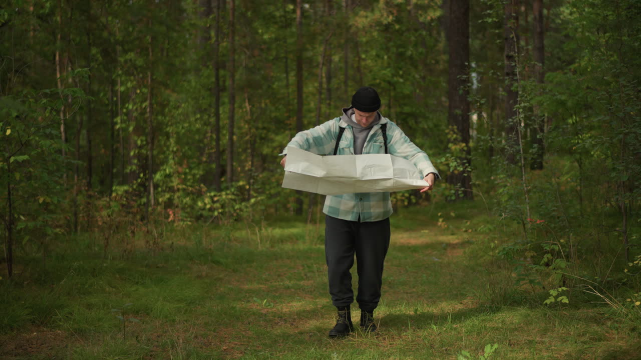 forest clearing white male unfolding map, studying chart with broad stance and relief, sunlight filtering through pines, triumphant discovery, navigation success and travel inspiration