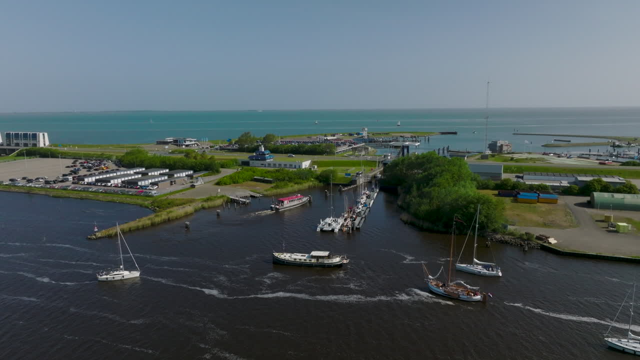 An aerial perspective of the Dutch port of Lauwersoog discloses a complex network of vessels traversing the area