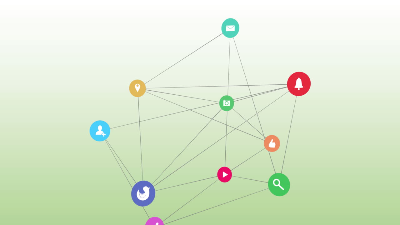 animación de una red de iconos digitales contra un fondo de gradiente verde