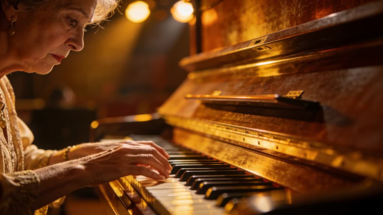 Un pianista anziano suona dopo l'indicazione del riflettore, muovendo le dita sul pianoforte sul palco, indossando gioielli.