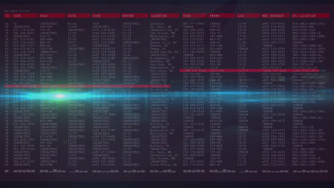 In school, animation of digital data table highlighting codes and user information