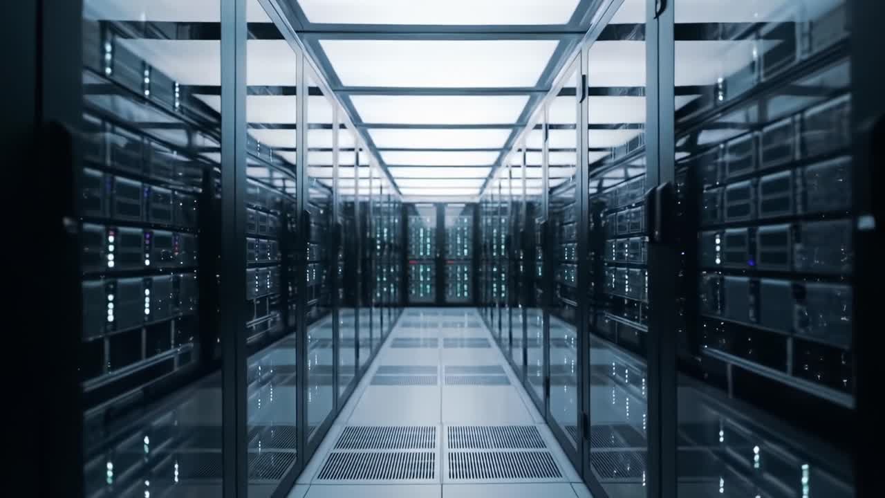 A Stunning View Inside a High-Tech Data Center Featuring Rows of Server Racks Illuminated by Vibrant LED Lights, Showcasing Advanced IT Infrastructure and Digital Connectivity