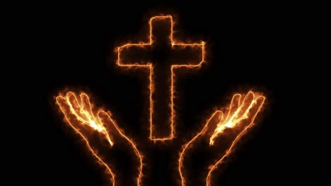 animación de dos manos y la cruz de jesucristo con efecto plasma dorado