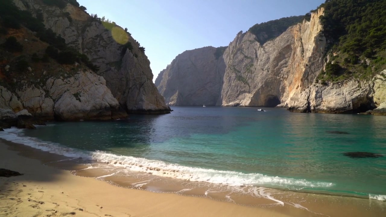Onde che si infrangono sulla riva sabbiosa, formando una striscia bagnata in una caletta riparata, con due barche bianche