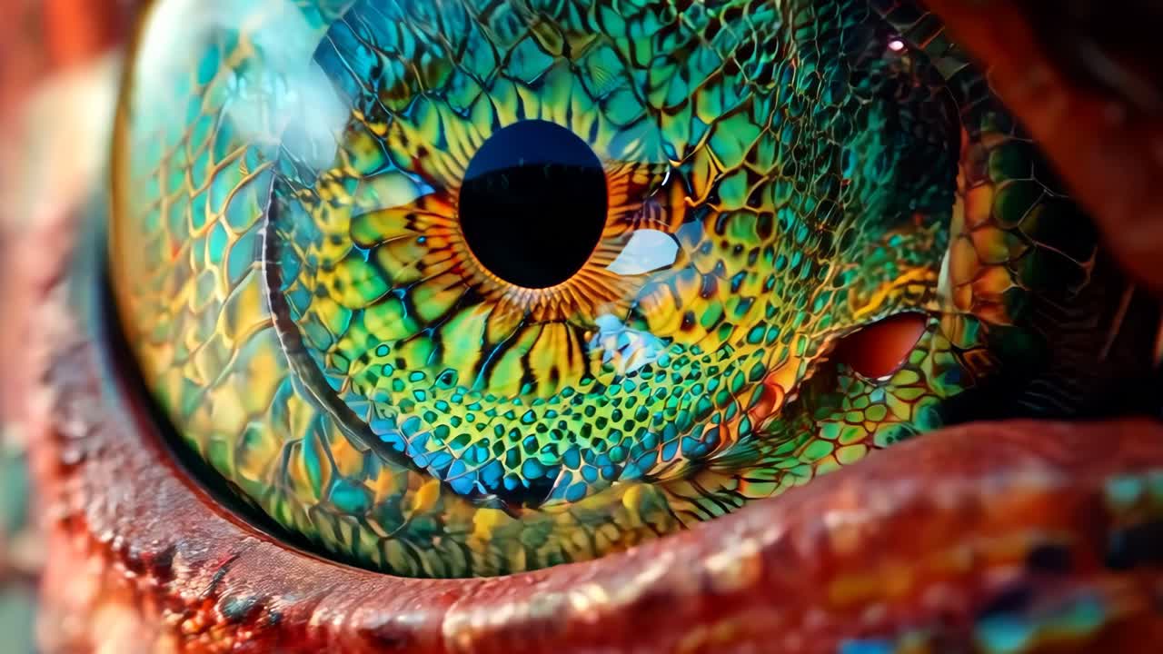 un primer plano del ojo de un dragón con iris azul y amarillo