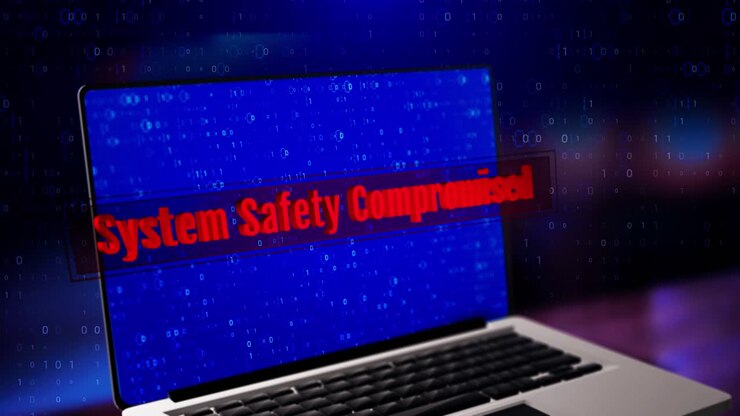 System warning virus sign digital noise glitch effect screen background malware detected data