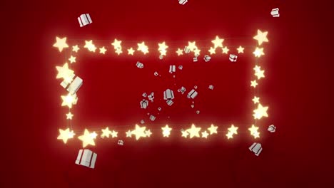 animation of fairy lights frame with copy space and presents on red background