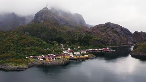 aerial tilt-down, towards the beautiful fisher village of å in the lofoten islands, norway