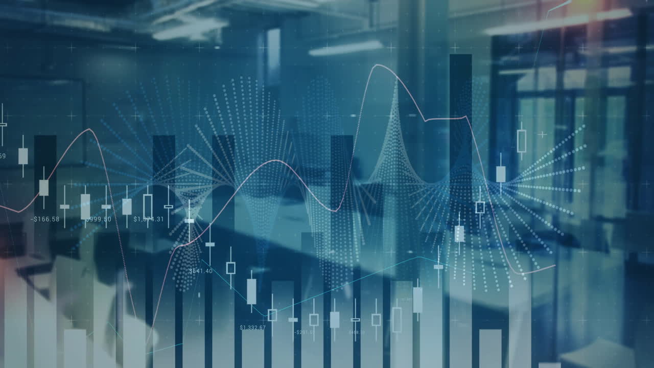 In office, animation of financial data charts overlaying modern workspace