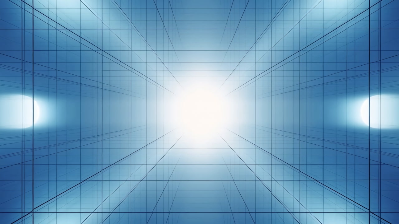 Blue Tunnel With Blinding Light At Center, Gridlined Corridor Stretching Into Horizon, Sleek Perspective
