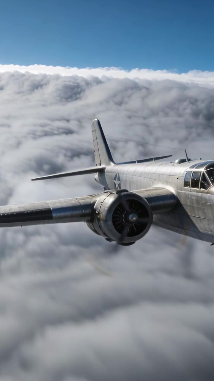 Zilveren tweemotorig vliegtuig vliegend boven een wolkendek met blauwe lucht die een draaiend propeller-sterembleem toont