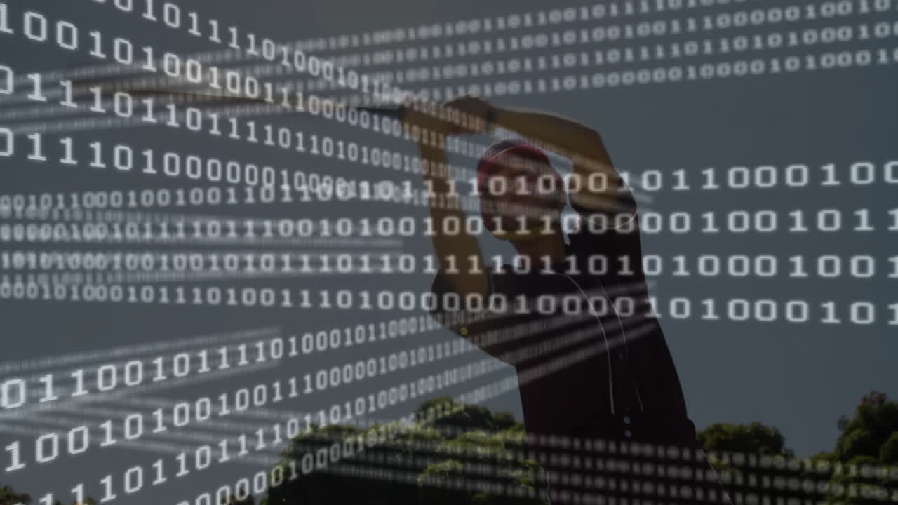 Man framing sky outdoors, showcasing cascading binary code overlay for technology design