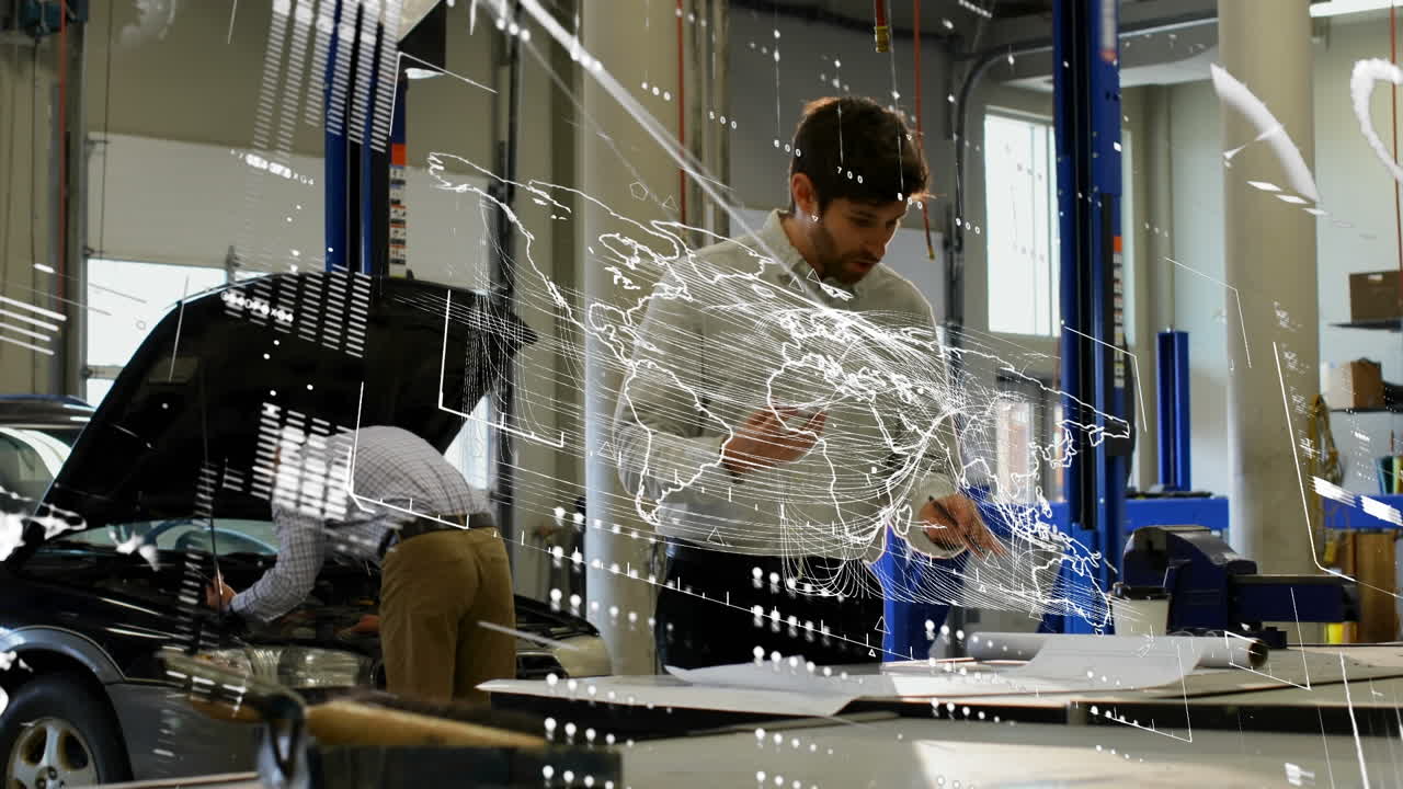 animazione dell'elaborazione dei dati finanziari su uomo d'affari biracial