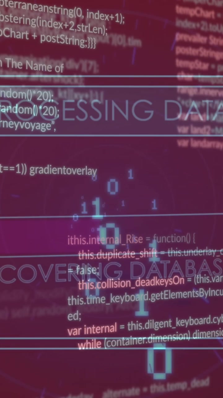 Animation de textes avec des barres de chargement sur du langage informatique et des codes binaires, sur fond abstrait.