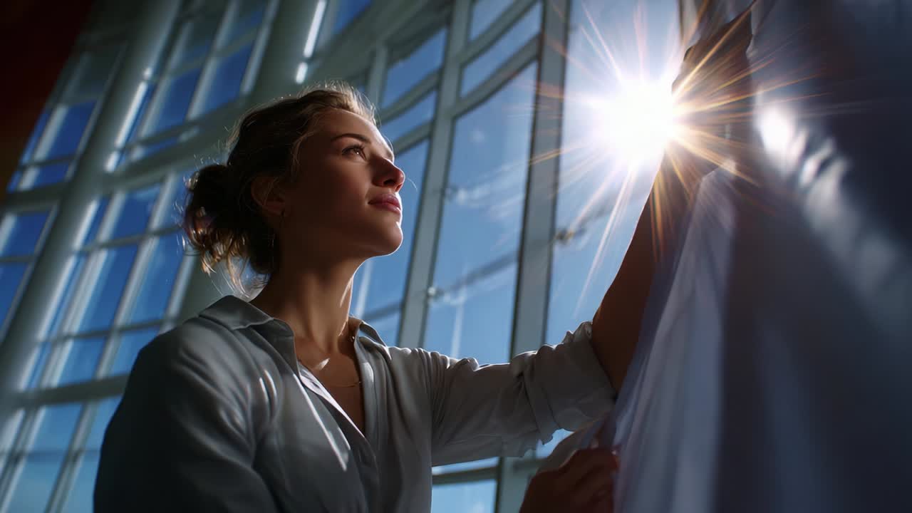 A young woman gracefully interacting with a curtain against a backdrop of expansive windows, illuminated by the golden sunlight pouring in, creating a serene atmosphere of reflection and tranquility