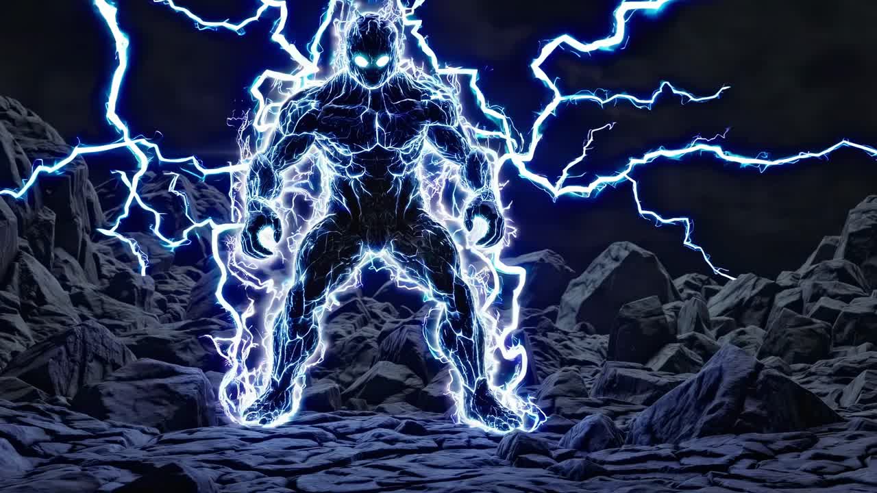 Electric humanoid creature glowing with vibrant blue energy emerges from the shadows in a rocky landscape, exuding an aura of power and mystery in a dramatic, atmospheric setting