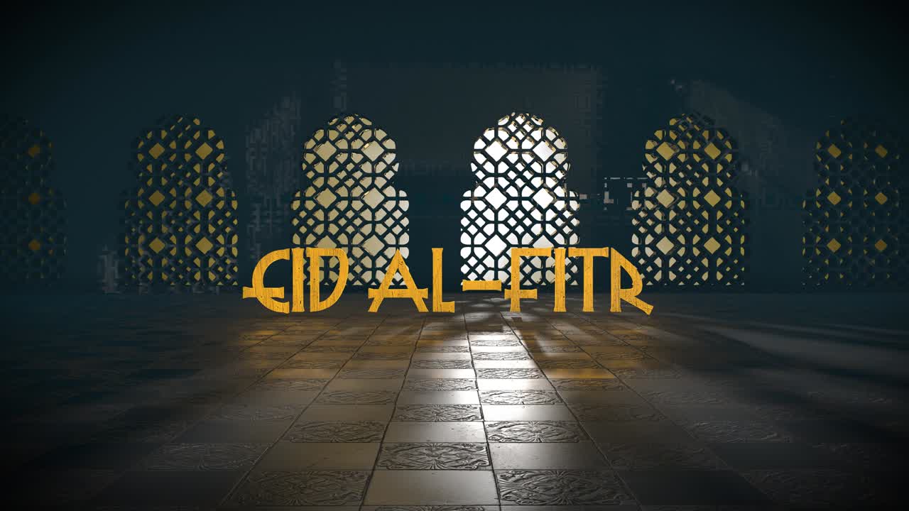 Eid al-Fitr Ramadan Kareem Islamic mosque window greeting 3D title render