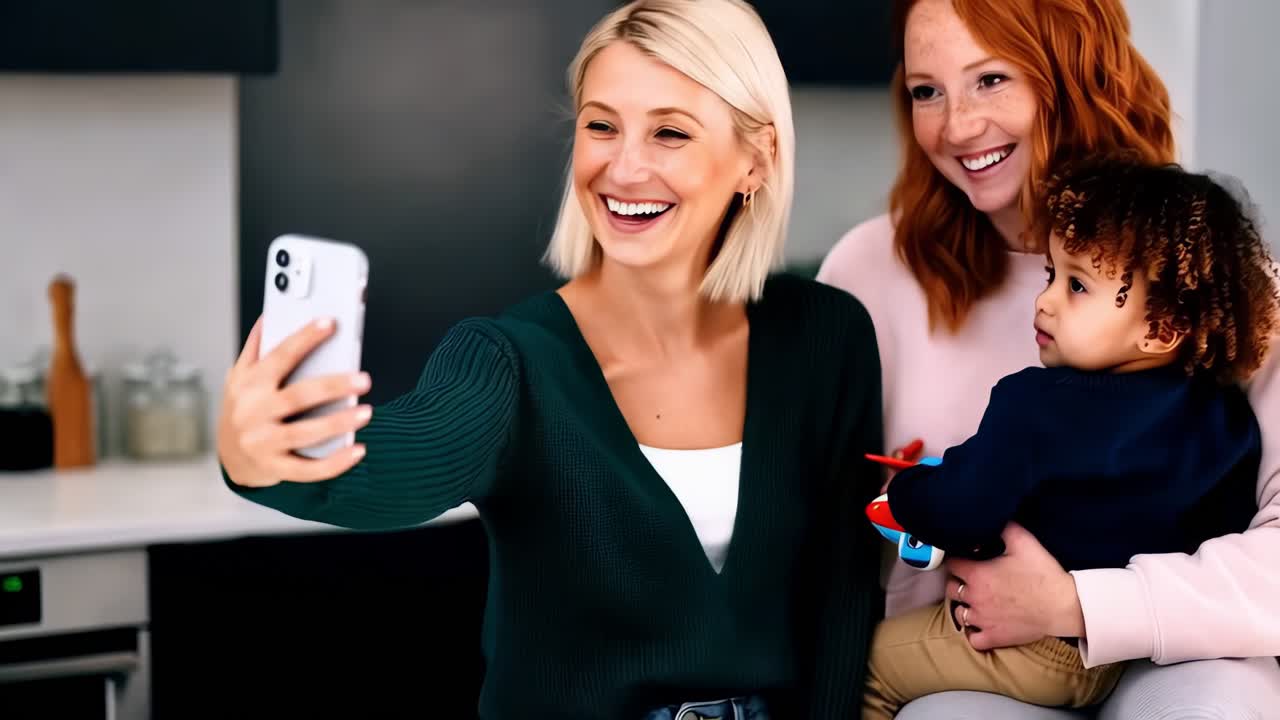 Lesbian couple and a child taking a selfie in kitchen at home.