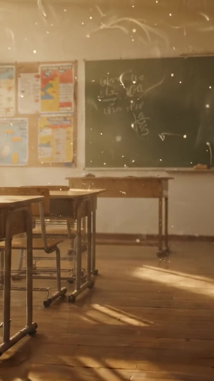 A Quiet Classroom Scene Bathed in Warm Light, Featuring Desks and a Blackboard with Handwritten Notes Capturing the Essence of Learning and Reflection