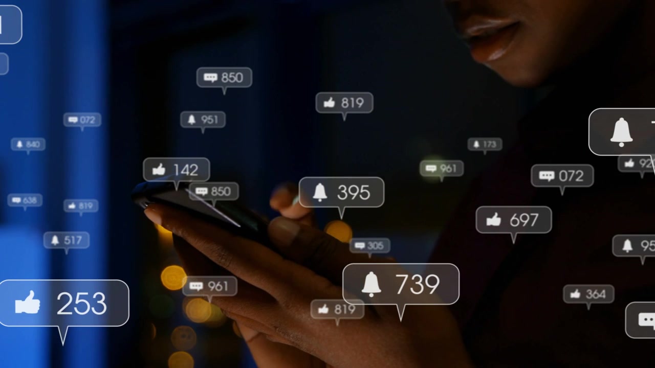 Woman tapping phone after bell alert, like comment bell bubbles multiplying, tracking social media