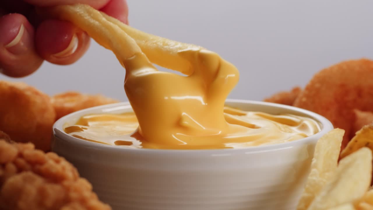Hand Dipping French Fries into Cheese Sauce with Chicken Tenders