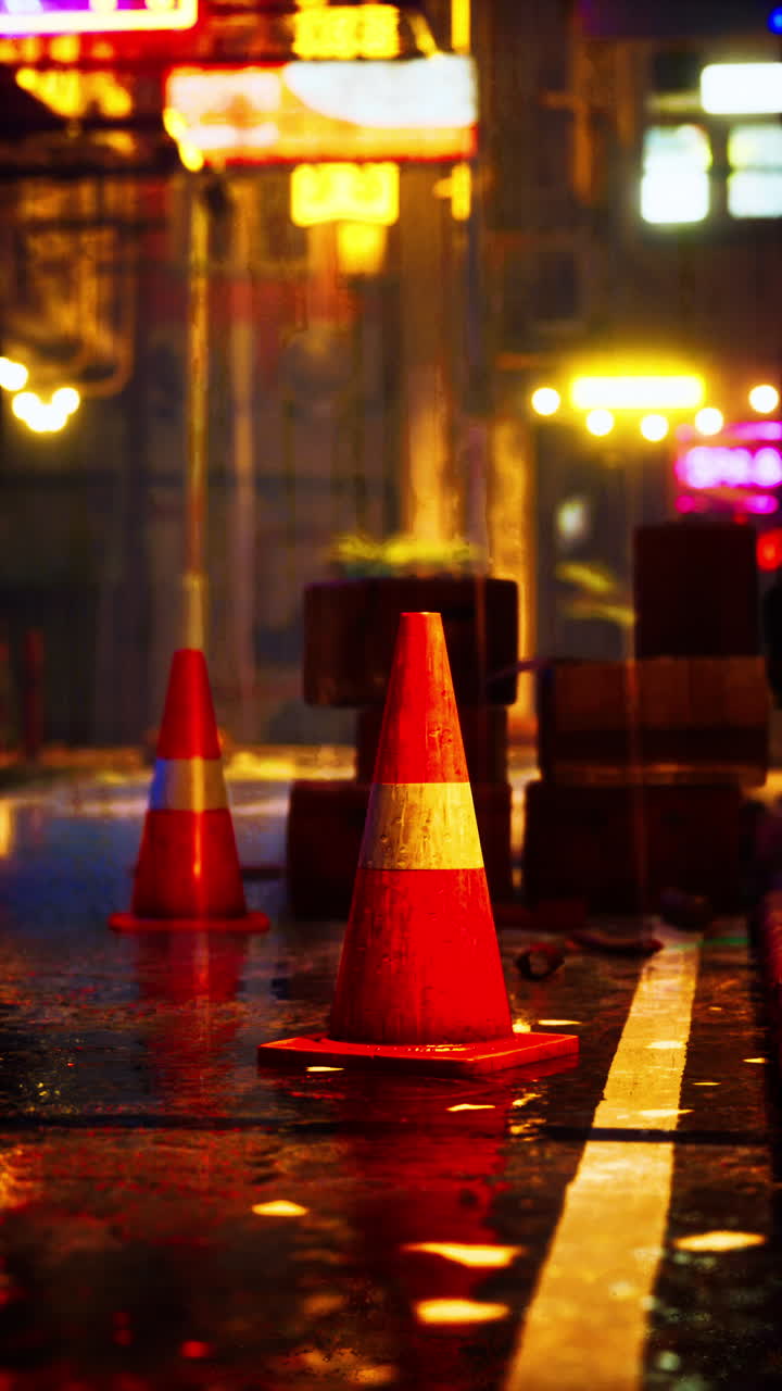 밤 에 은 도시 거리 에 있는 교통 콘