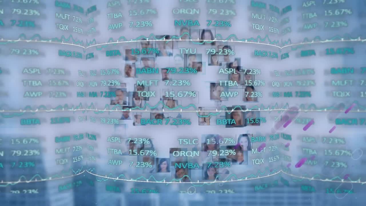 Animation of financial data processing over photos of group of business people