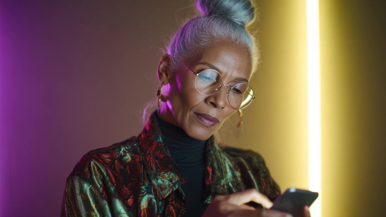 En grasiøs eldre kvinne med grått hår og stilige briller gjennomgår meldinger på smarttelefonen sin, opplyst av varme stemningslys som skaper en moderne stemning.