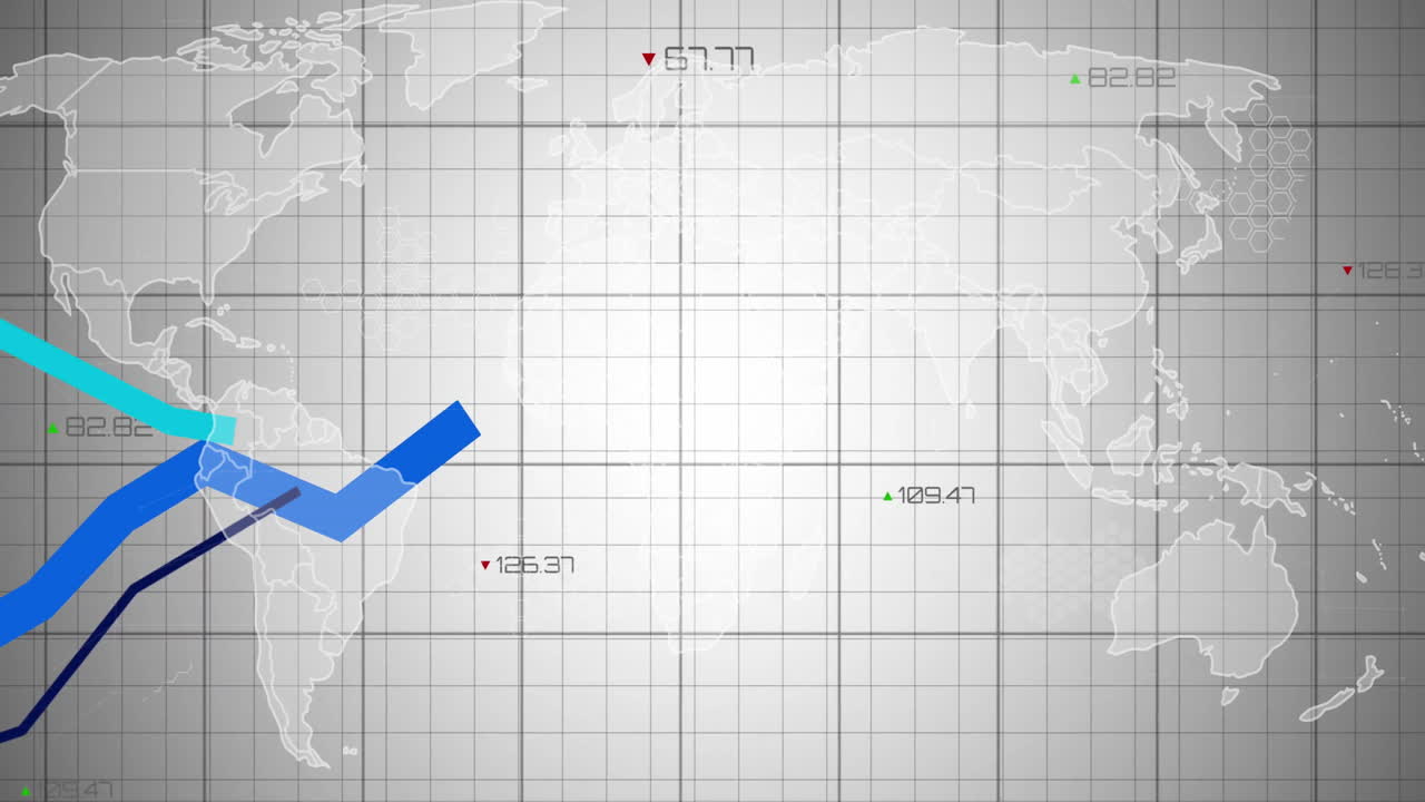 백색 배경의 세계 지도 위의 데이터 처리 및 다이어그램의 애니메이션