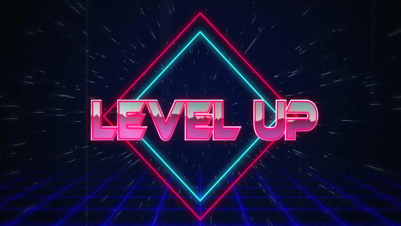 nivel de texto retro glitching sobre cuadrados azules y rojos en efecto de hiperespacio blanco