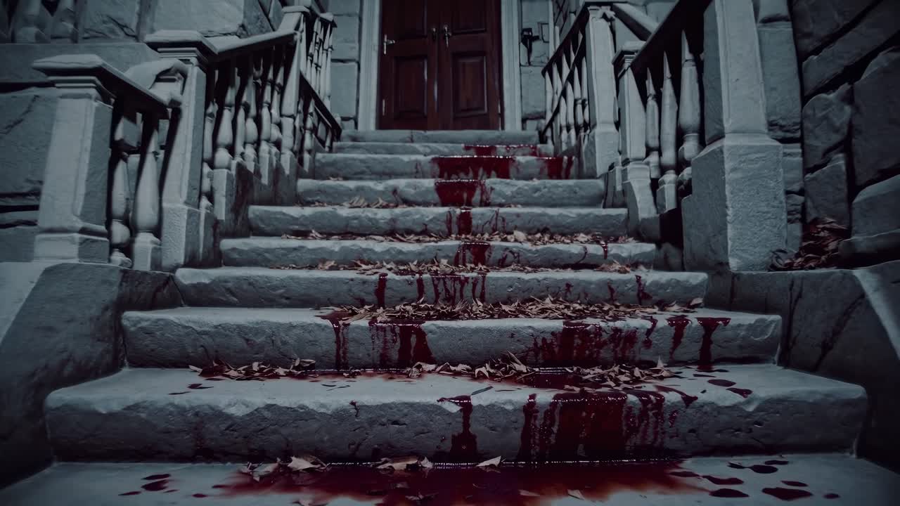 Blood-stained stone steps lead up to a dark wooden door, surrounded by scattered dry leaves, creating a haunting atmosphere of suspense and mystery in the scene