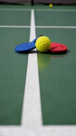 tennis court with paddle and ball