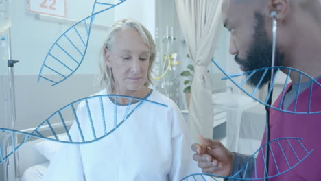 animation of dna strands over diverse male doctor using stethoscope on senior female patient