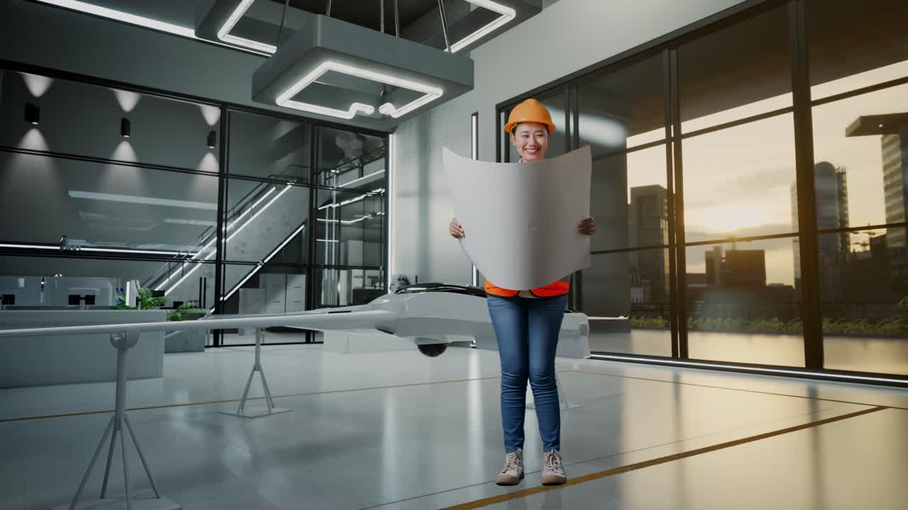 ingeniera revisando planos en una instalación moderna