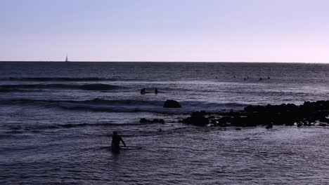 Surfers-near-the-beach-of-Las-Galletas,-Tenerife,-Canary-islands