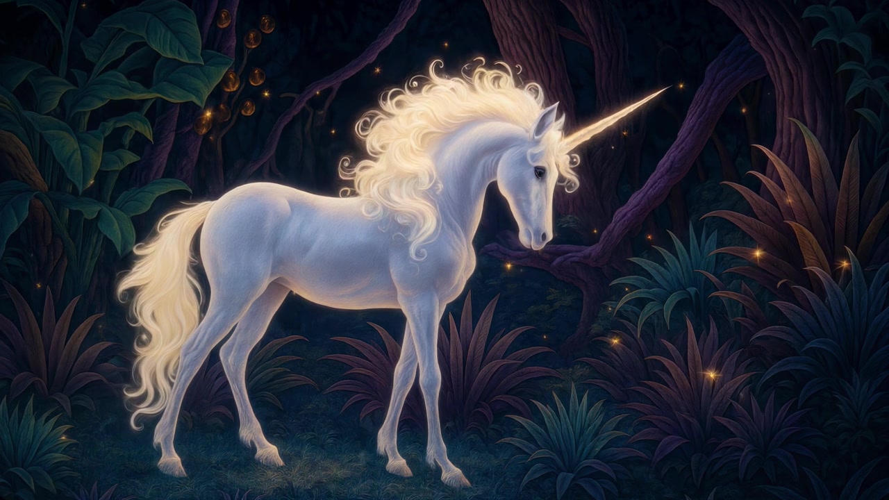Maestoso unicorno bianco in una foresta magica incantata