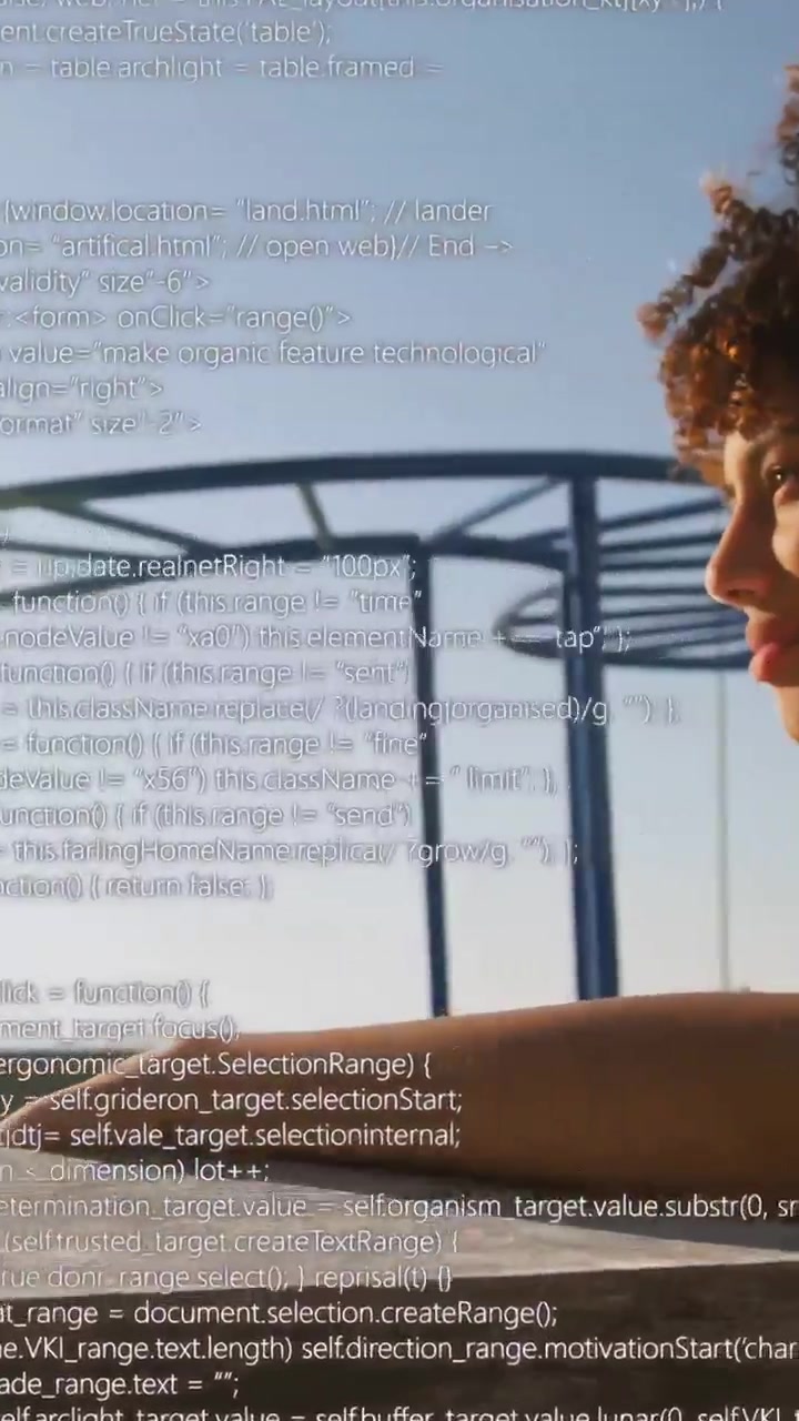 Vertical video: Woman leaning on ledge code overlay starting glitching causing small smile for tech