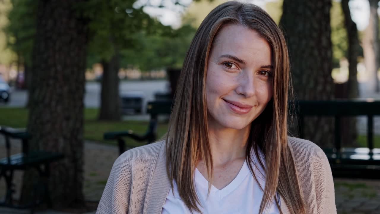 Young woman with long brown hair wearing a light brown cardigan and white t shirt smiles and looks at the camera in a park with trees and benches