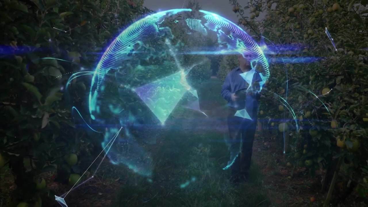 Man holding tablet in orchard, polygons linking into pulsing tech grid and forming rotating globe