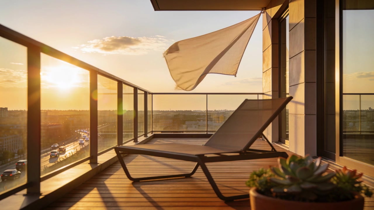 Billowing cloth tied to right wall lifting and looping on balcony at sunset, breeze moving shadows