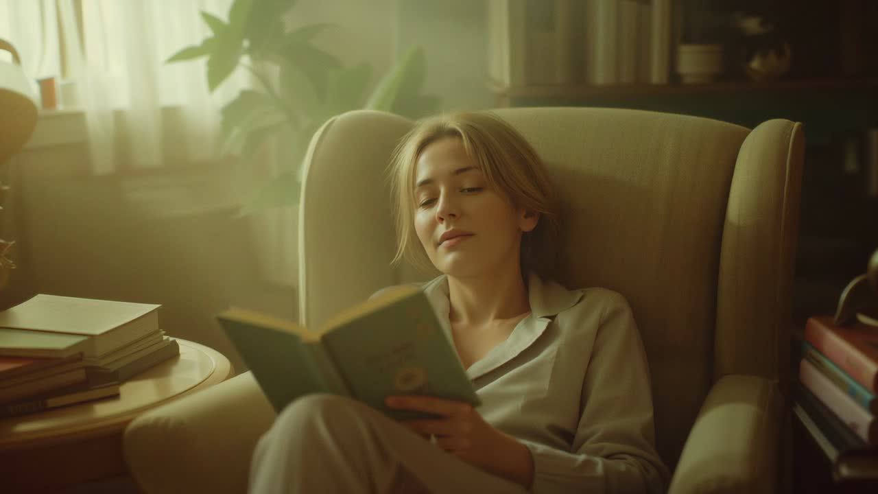Mulher adulta se acomodando numa poltrona, abrindo um livro de capa dura e folheando as páginas, vestindo roupa de ficar em casa para relaxar.