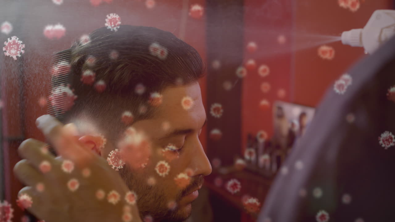 코로나19 세포는 미용실에서 털을 자르는 이발사에 대항합니다.