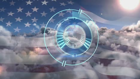 Animation-of-safe-lock-rotating-over-american-flag-and-cloudy-sky