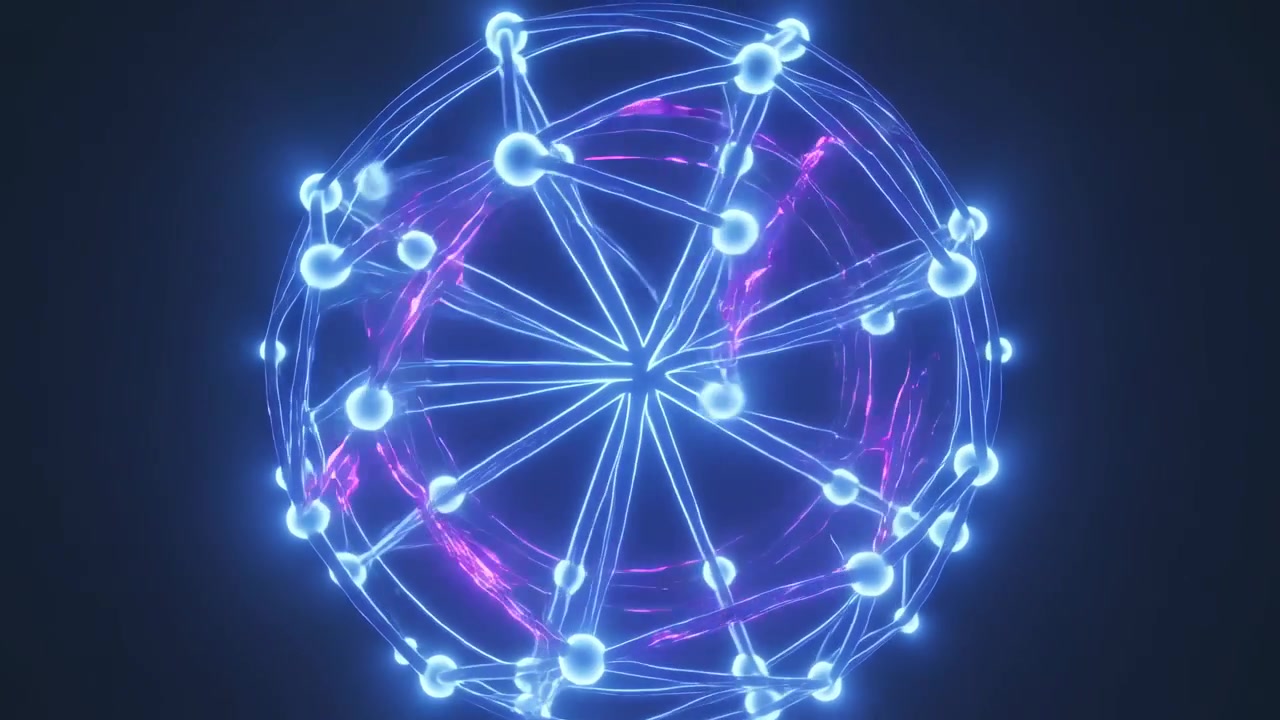 Pulsing inner energy driving rotating lattice, nodes, flexing lines, magenta ribbon in dark void