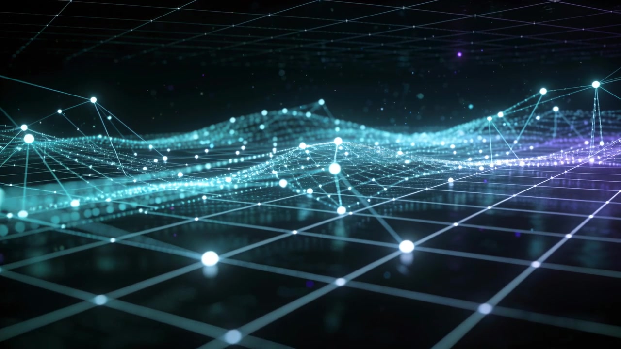 Pulsing mesh traveling across wireframe grid with nodes, camera push revealing data flow